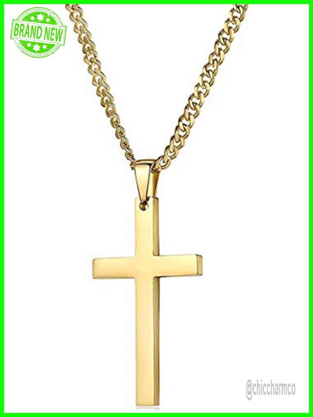 14K Gold Cuban Link Chain Big Cross Flat Pendant Necklace for Men Women